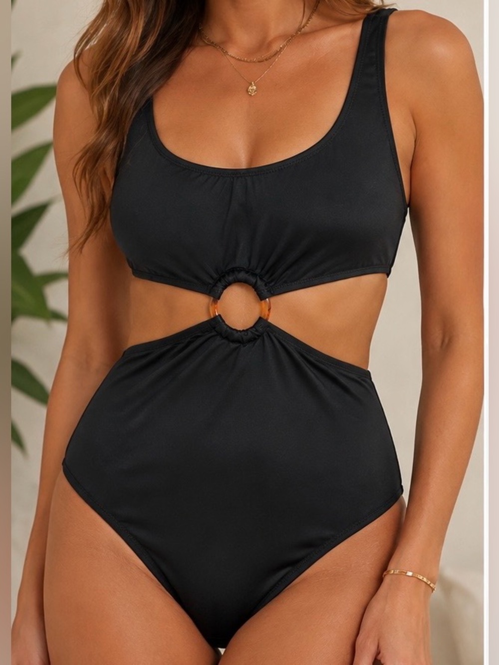 Shade & Shore Black High-Waist Bikini / One Piece Swim w Center Ring NWT Medium